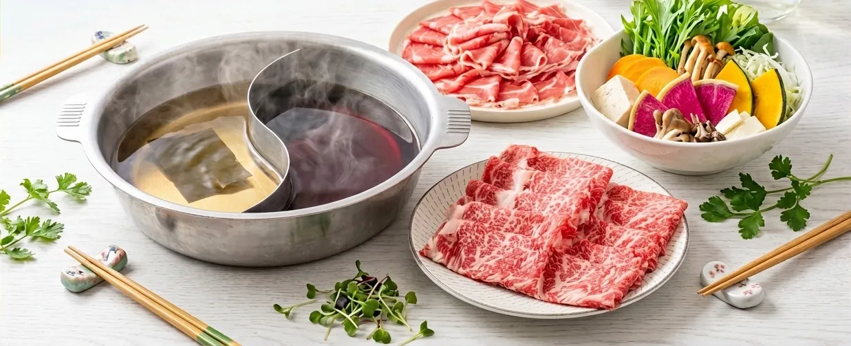 湯気の立つ鍋と彩り野菜、厳選肉のしゃぶしゃぶ